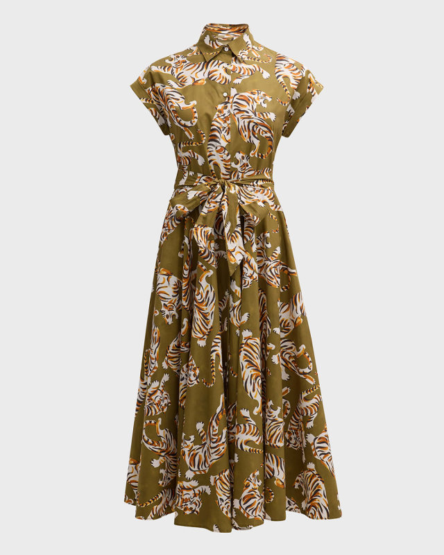 Danielle Cap-Sleeve Tiger-Print Midi Shirtdress
